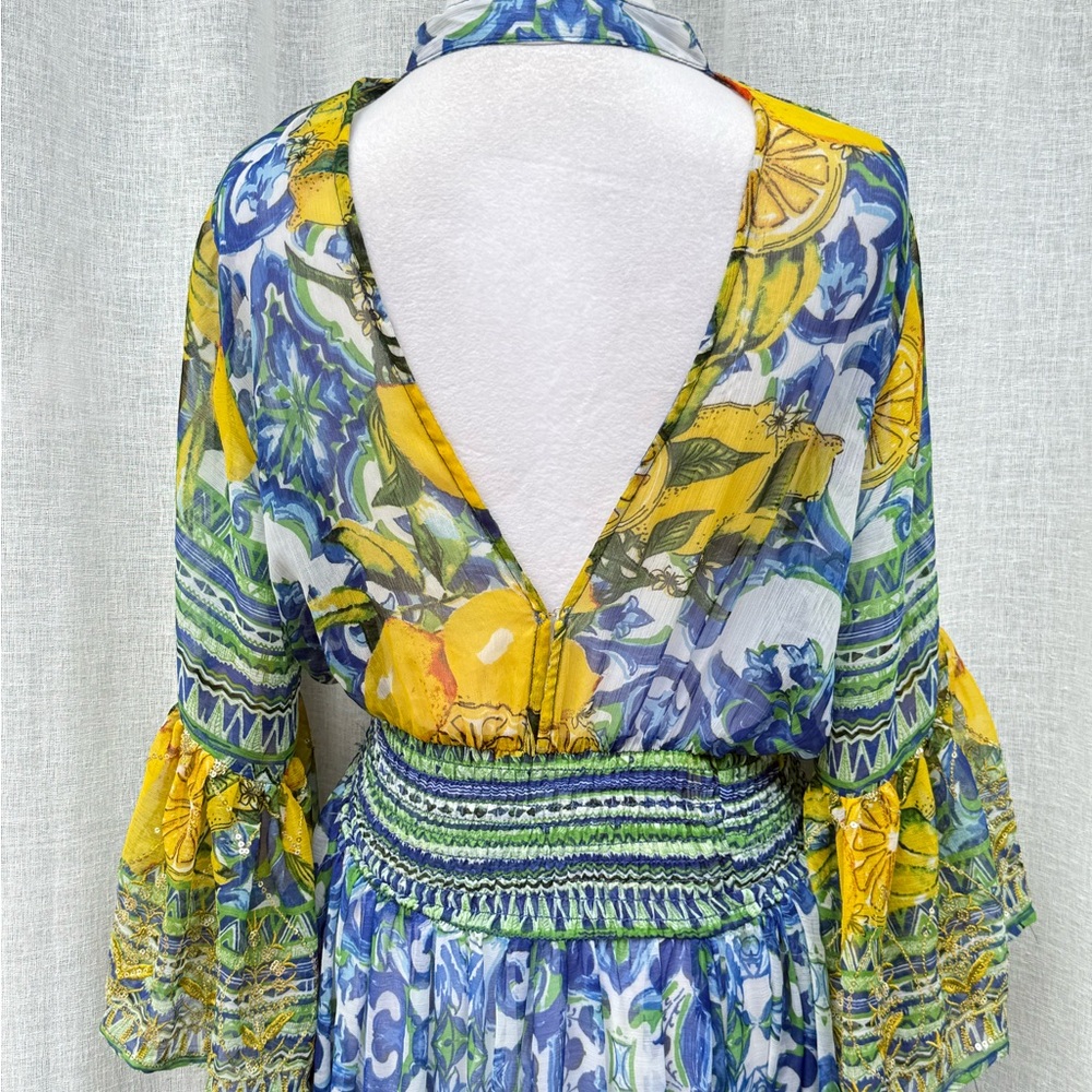 ANTICA SARTORIA by Giacomo Cinque LEMONS blue Mediterranean sequin sheer Dress - Picture 9 of 14